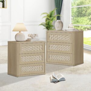 Minimalist Sicotas Zura sand oak bedside nightstand with dual drawers for bedroom essentials.