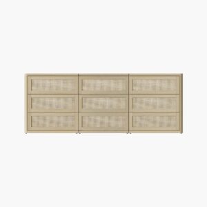 Wide Sicotas Zura sand oak 9 drawer dresser offering extensive bedroom clothing storage.