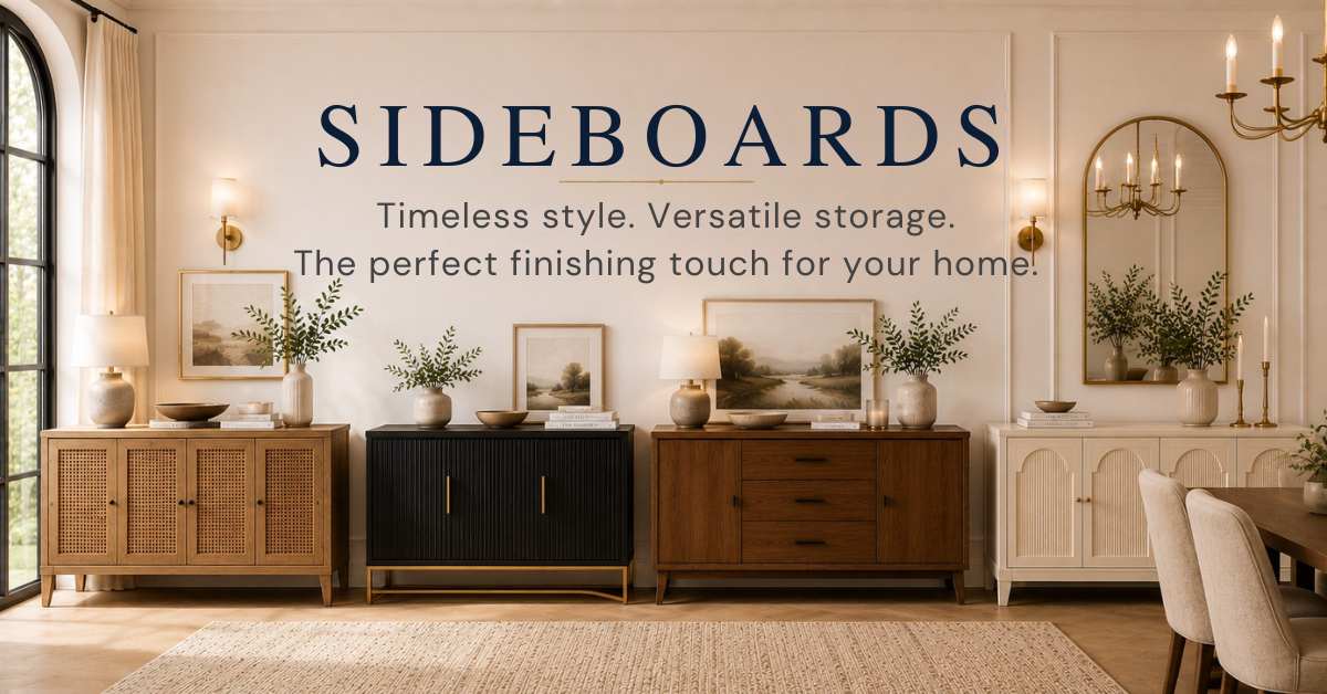 Modern Sideboards and Dining Room Storage Cabinets A beautifully styled dining room banner showcasing a curated collection of modern sideboards in light oak, black fluted wood, and white finishes, decorated with contemporary lamps and fresh greenery.