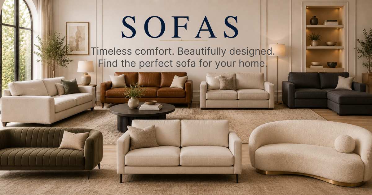 Modern Sofas and Living Room Couches Collection A beautifully styled living room banner showcasing a variety of modern sofas, including a tan leather couch, cream fabric loveseats, a dark gray sectional, an olive green fluted sofa, and a curved cream bouclé sofa, with the text overlay "SOFAS: Timeless comfort. Beautifully designed.
