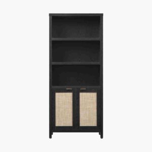 Sophisticated tall black bookcase in a rich black oak finish.