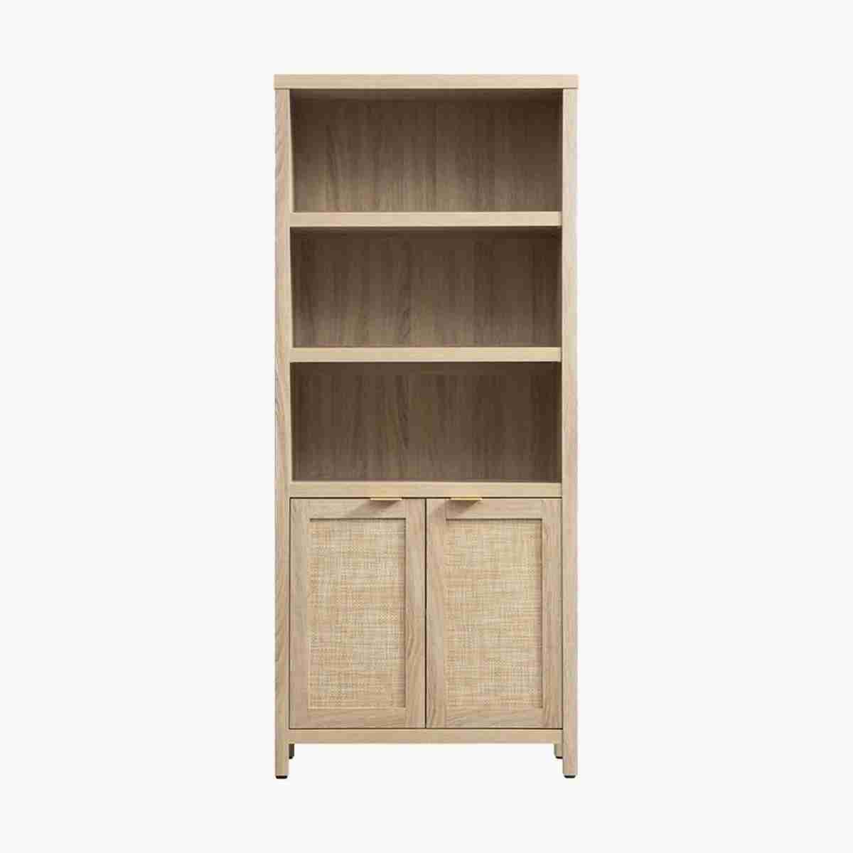 Sicotas Savanna 70.9" Reclaimed Light Oak Bookcase 1 A tall light oak bookcase standing at 70.9 inches for display.
