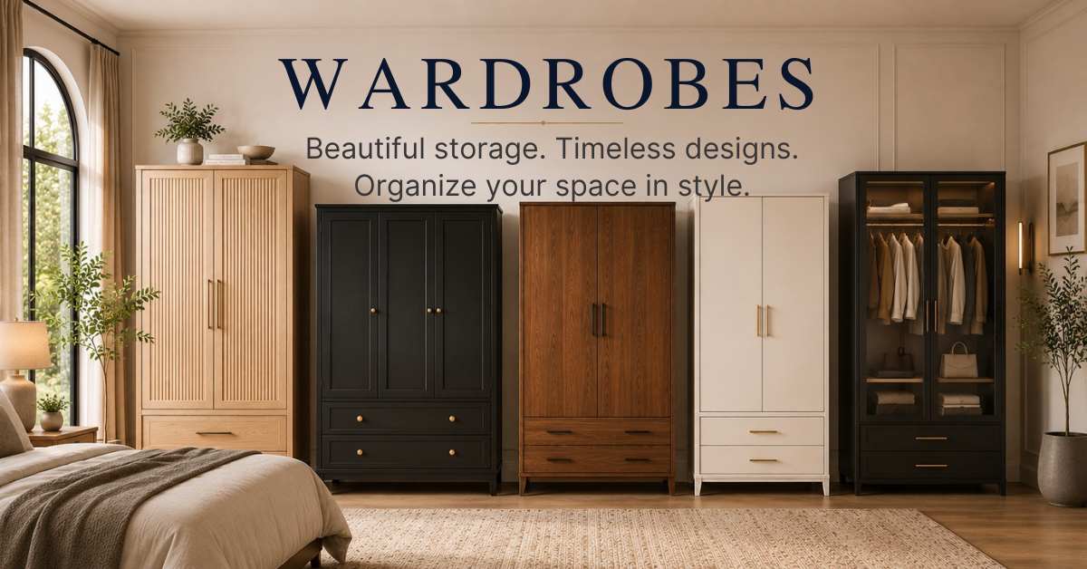 A beautifully styled bedroom banner showcasing five distinct modern wardrobes in light fluted oak, matte black, warm wood, and white finishes, with clothes visible inside one glass-door unit and the text overlay "Wardrobes: Beautiful storage. Timeless designs.
