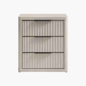 Classic white alder nightstand with three drawers for bedroom organization.