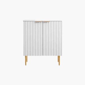 White gold opus credenza with gold handles and spacious storage for elegant dining room organization and use.