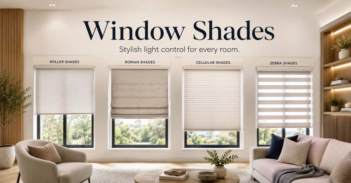 A banner showcasing four types of window shades side-by-side in a modern living room: Roller Shades, Roman Shades, Cellular Shades, and Zebra Shades.