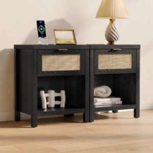 Elegant bedroom showcasing nightstand with charger in black oak with practical design.