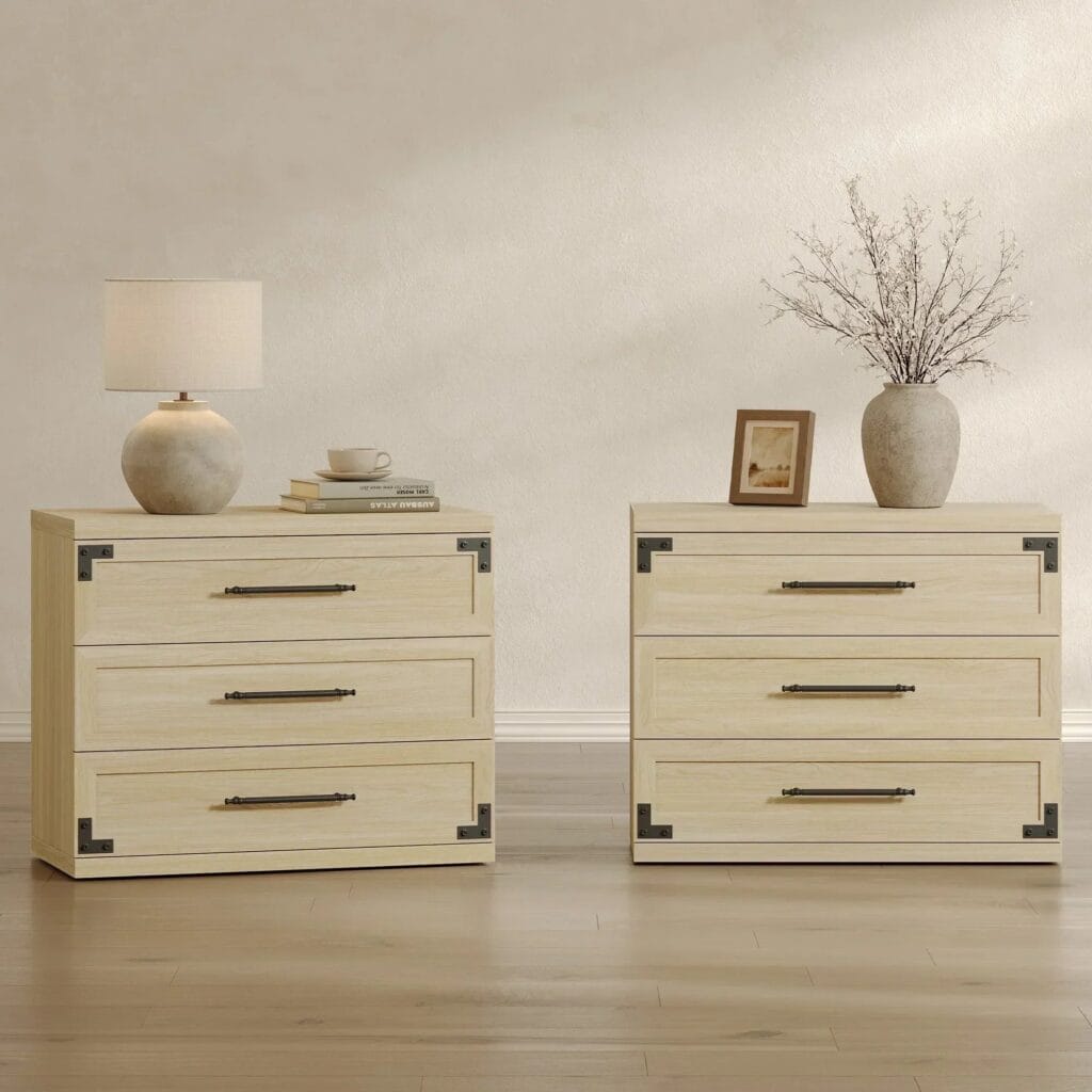 Inviting bedroom showcasing 3-drawer nightstand set in sand beige.