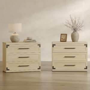 Inviting bedroom showcasing 3-drawer nightstand set in sand beige.