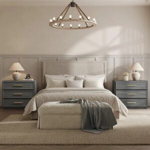 Elegant bedroom displaying 3-drawer nightstand in dark grey oak.