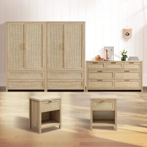 Warm bedroom featuring bedroom set in light oak with coordinated pieces.