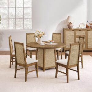 Sophisticated dining space featuring dining set in reclaimed caramel oak 6 chair with elegant seating.