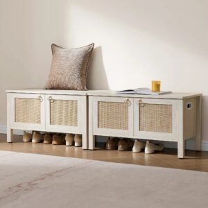 Modern hallway showcasing rattan shoe bench set in white cream oak.