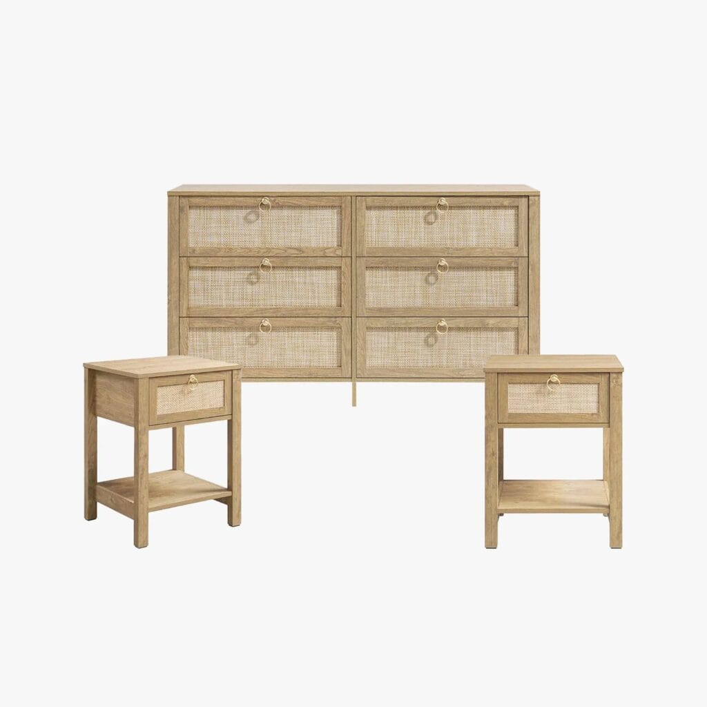 Contemporary room featuring 6-drawer dresser set in carbon cherry.