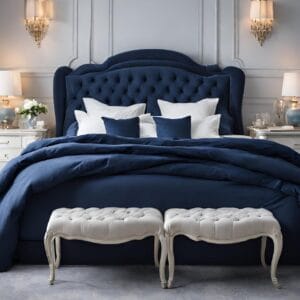 Close-up of navy blue duvet cover highlighting fabric and finish