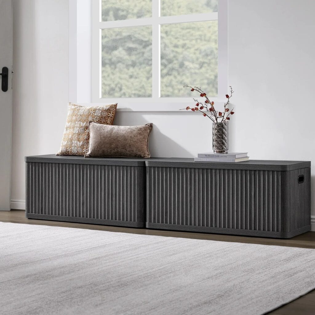 Welcoming hallway showcasing shoe storage bench in dark grey alder.