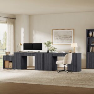 Bright office displaying office desk in dark grey alder with spacious storage and clean lines.