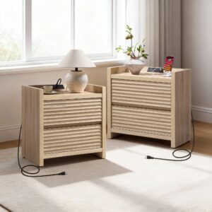 Bright bedroom displaying charging nightstand in sandstone beige with modern functionality.
