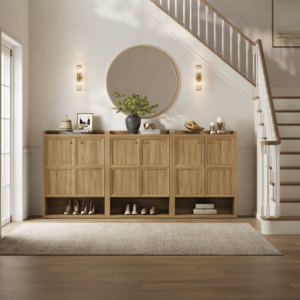 Modern hallway featuring shoe cabinet in brown oak 3 door with spacious storage.