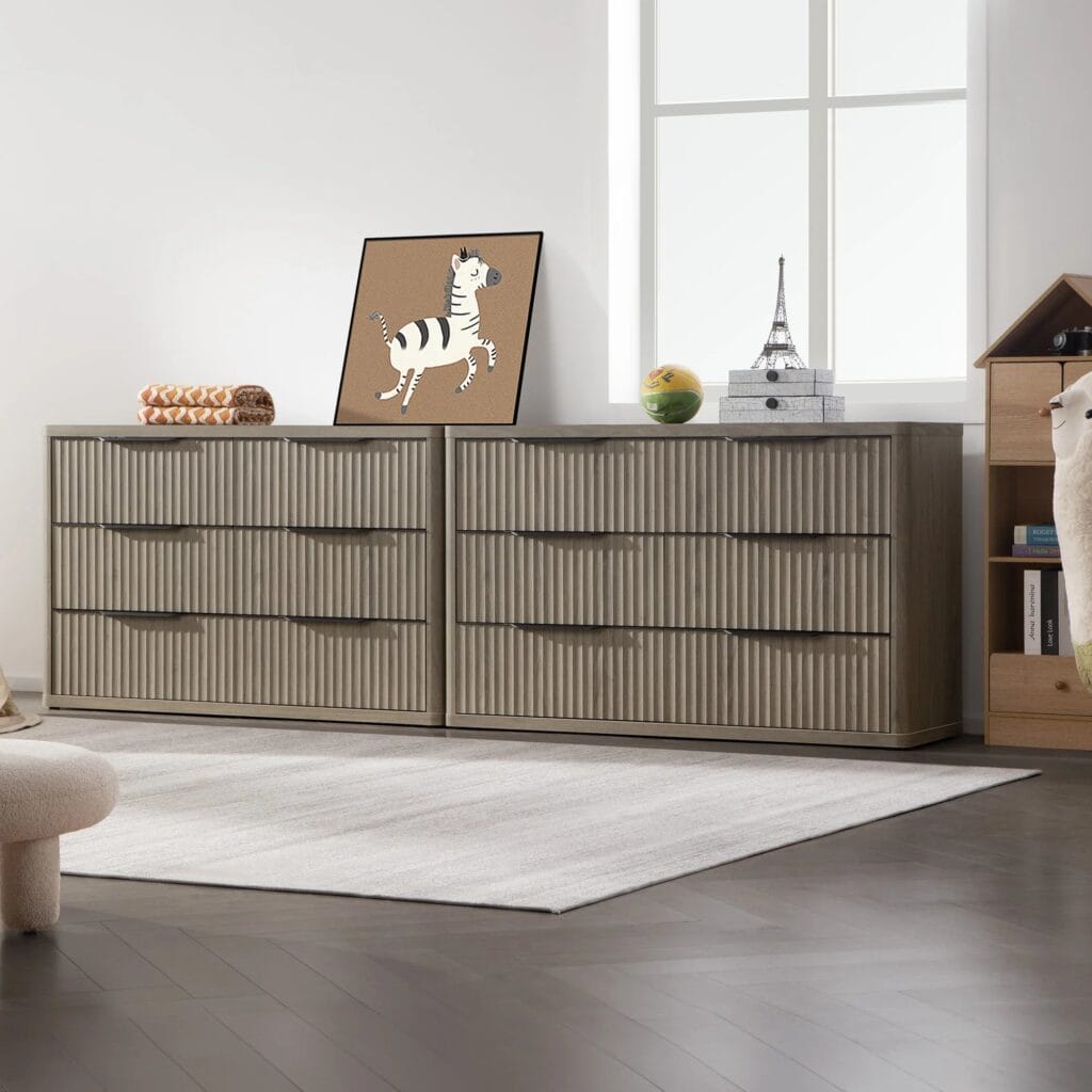Contemporary bedroom featuring 6-drawer dresser in grey alder with ample storage.
