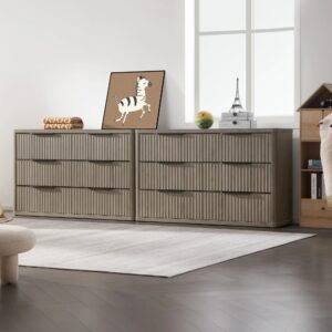 Contemporary bedroom featuring 6-drawer dresser in grey alder with ample storage.