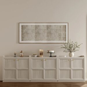 Modern dining area showcasing buffet cabinet in white oak with warm styling.