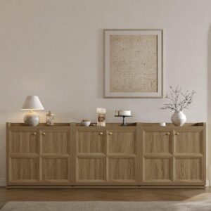 Refined interior displaying buffet cabinet in brown oak with decorative pieces.