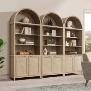 Warm interior displaying arched bookcase light oak styled with books and modern décor.