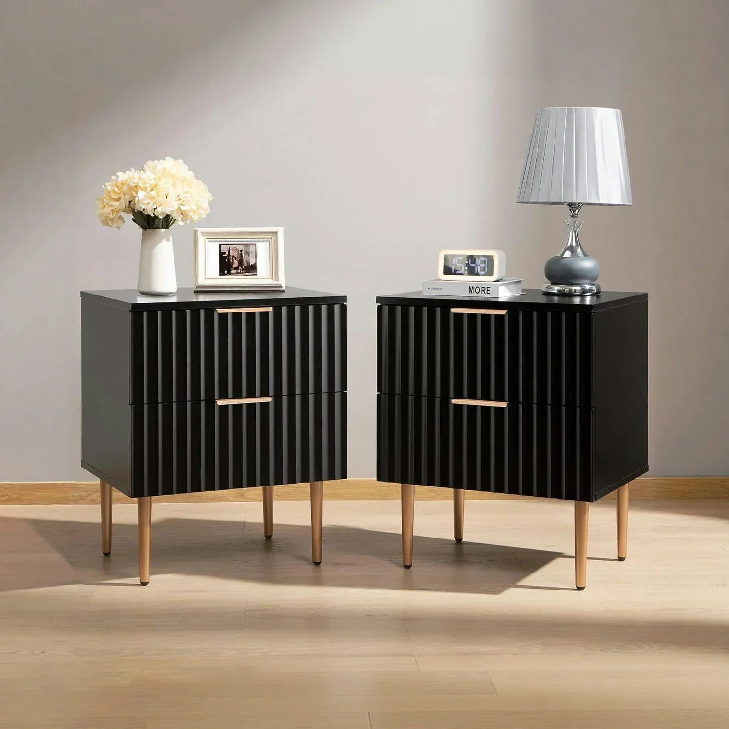 Sophisticated Black Opus Nightstand Table Set 1 Sophisticated bedroom displaying nightstand table set in black with modern appeal.