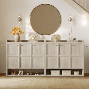 Modern entryway displaying shoe cabinet in grey white oak 3 door with contemporary appeal.