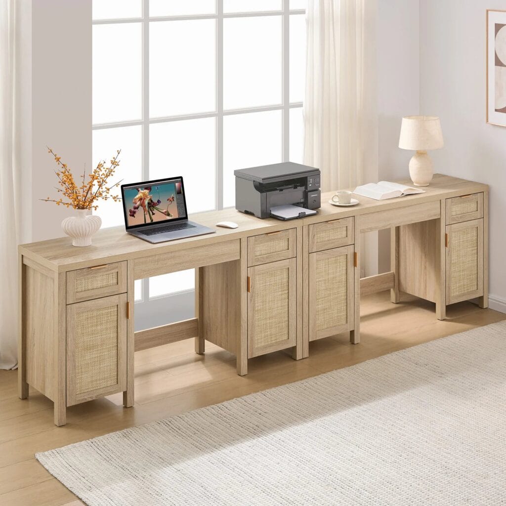 Chic bedroom featuring vanity table in light oak with decorative accessories.