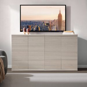 Modern entertainment area featuring tv stand in white alder 2 door with decorative accents.