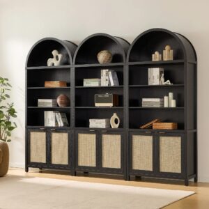Stylish room showcasing arched bookcase in black oak with decorative shelves.