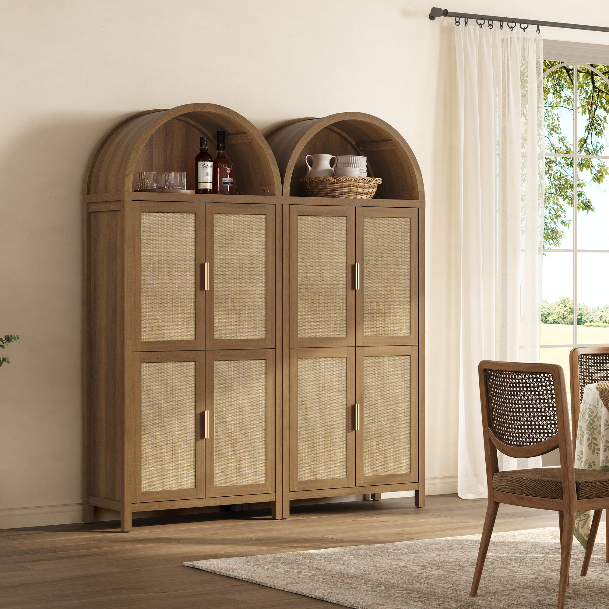 Stunning Reclaimed Caramel Oak Savanna Arched Pantry Cabinet Set 1 Welcoming kitchen showcasing arched pantry cabinet in reclaimed caramel oak with ample storage.