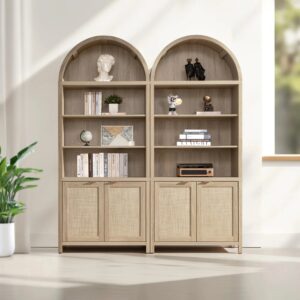 Elegant living space showcasing arched bookcase light oak with decorative accents and open shelving.