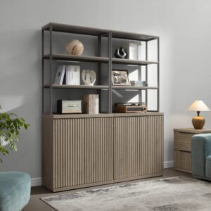 Sophisticated interior displaying bookshelf in grey alder 2 door with curated décor pieces.