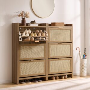 Stylish entryway showcasing shoe cabinet in reclaimed caramel oak 30 pair with organized storage.