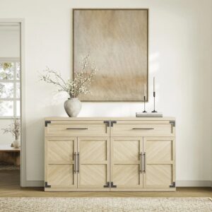 Beautiful dining space highlighting sideboard in sand beige with storage.