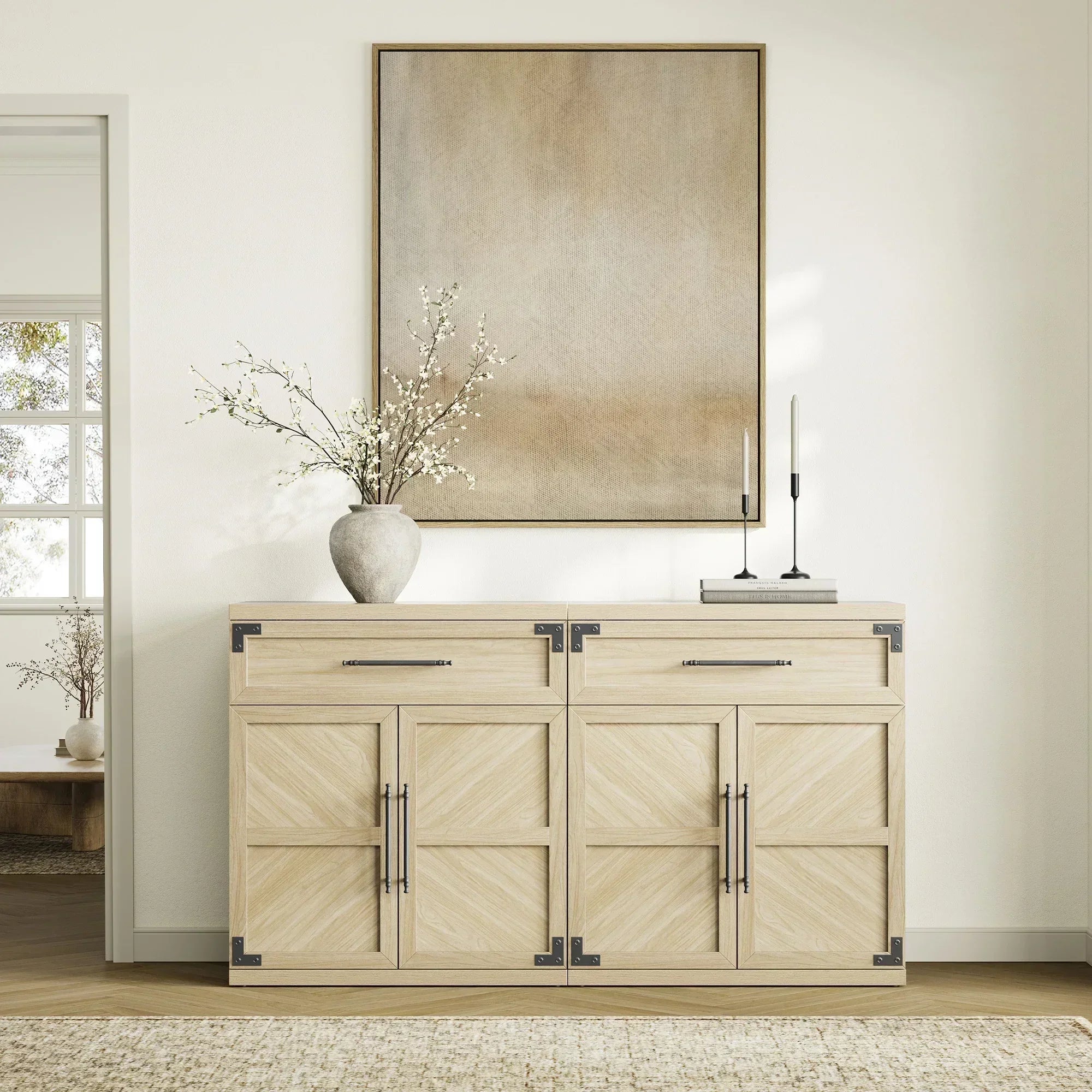 Timeless Sand Beige Willow Sideboard with 1 Drawer and 2 Doors 1 Beautiful dining space highlighting sideboard in sand beige with storage.