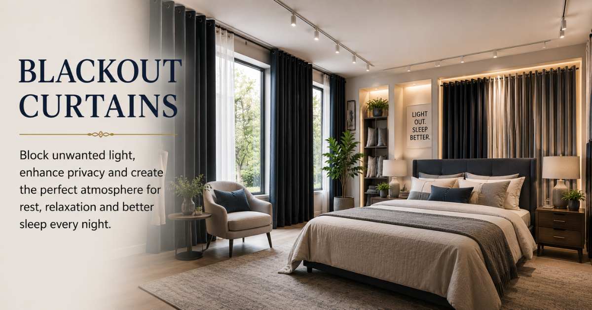 A modern master bedroom showroom displaying premium blackout curtains on large windows next to a neatly made bed.