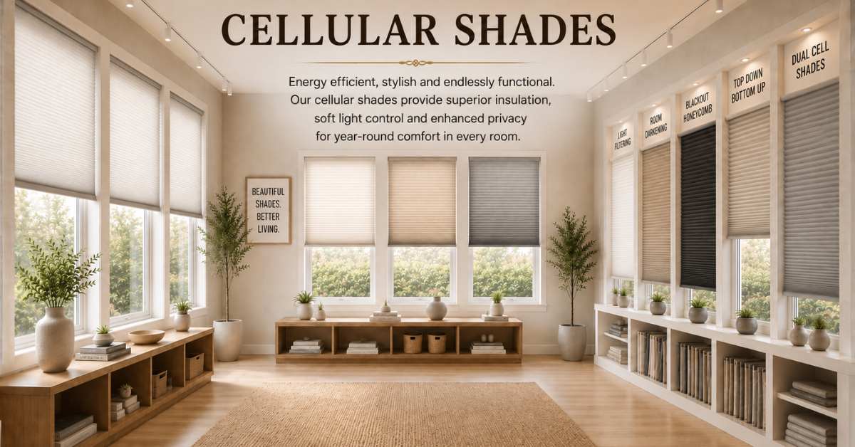 A bright showroom displaying a collection of honeycomb cellular shades, featuring light filtering, room darkening, blackout honeycomb, top-down bottom-up, and dual cell options on large windows.