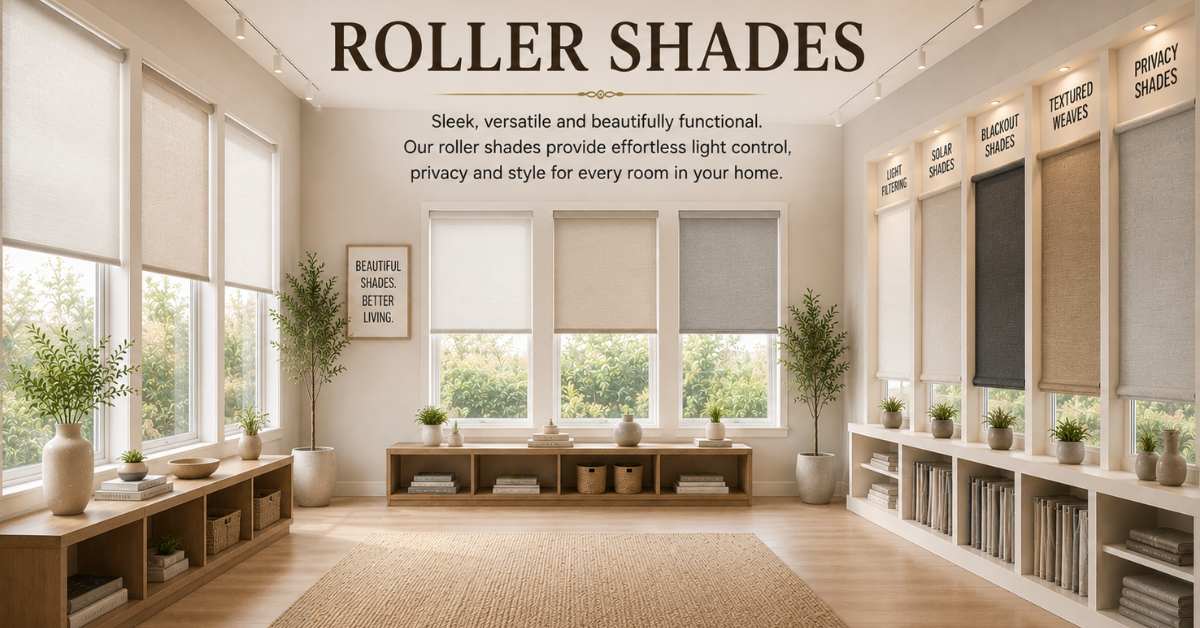 A bright showroom displaying a collection of Roller shades, including light filtering, solar, blackout, textured weaves, and privacy shades options on large windows.