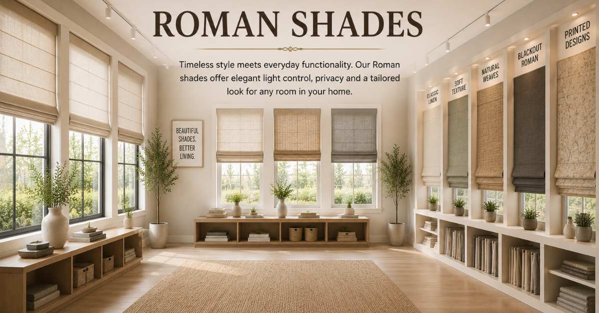Elegant Roman Shades Collection - Cozy Home & Lifestyle A bright, modern showroom displaying various Roman shades styles including classic linen, natural weaves, woven textures, and blackout Roman shades on large windows.