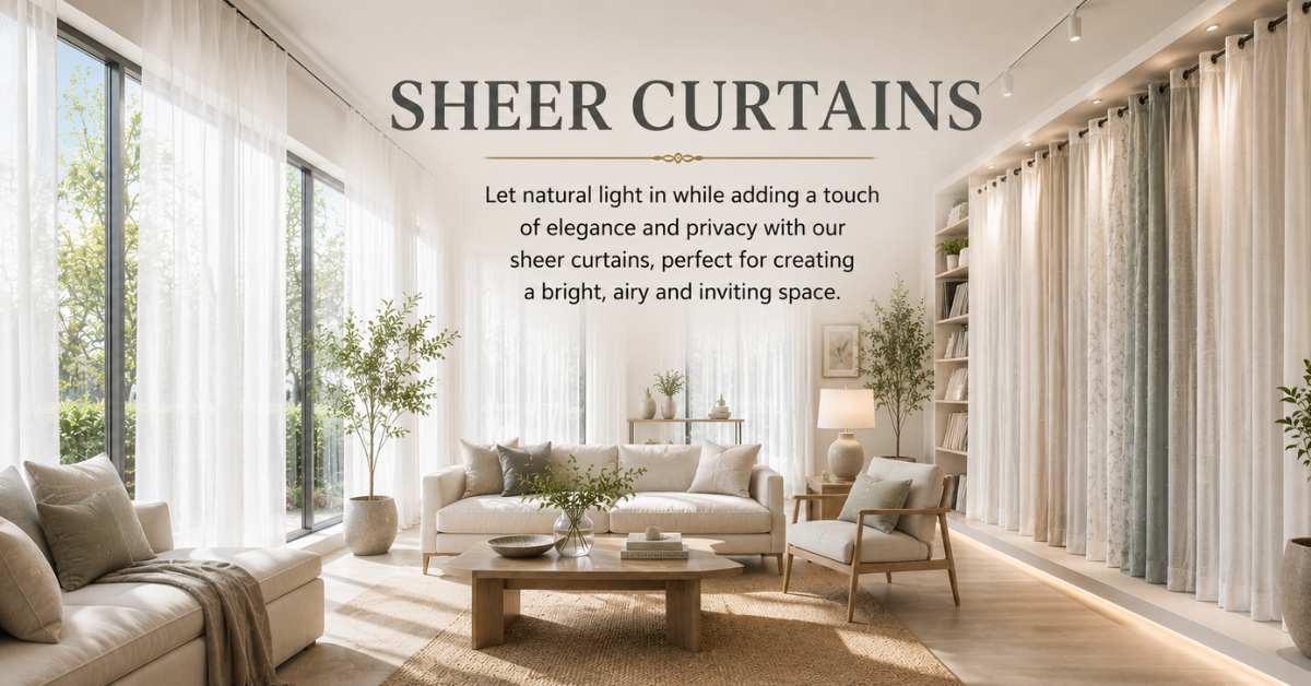 Explore Our Sheer Curtains Collection for Bright and Airy Spaces A bright modern showroom displaying a wide collection of elegant white sheer curtains on floor-to-ceiling windows.