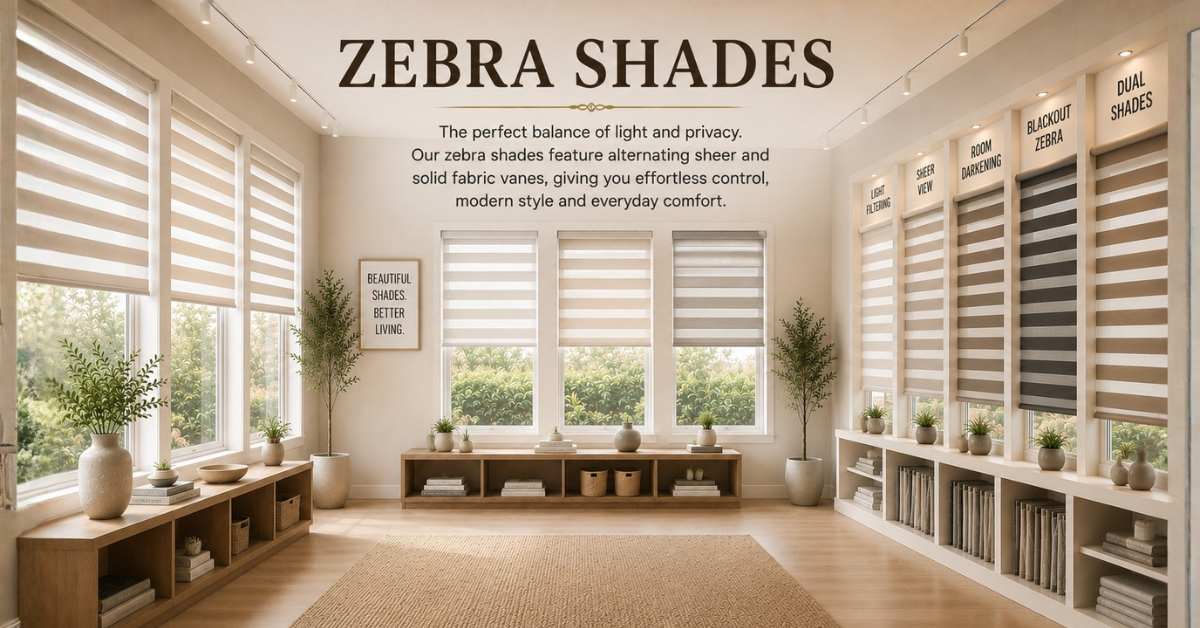 Energy Efficient Cellular Shades Collection - Cozy Home & Lifestyle A bright showroom displaying a collection of zebra shades, showing light filtering, sheer view, room darkening, blackout zebra, and dual shades options on large windows.