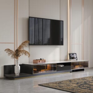 Stylish black modern extendable tv stand featuring LED lights and glass-front cabinets.