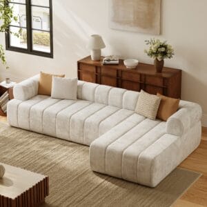 Luxurious Nimbus velvet sectional sofa featuring channel tufting and soft high-density foam.