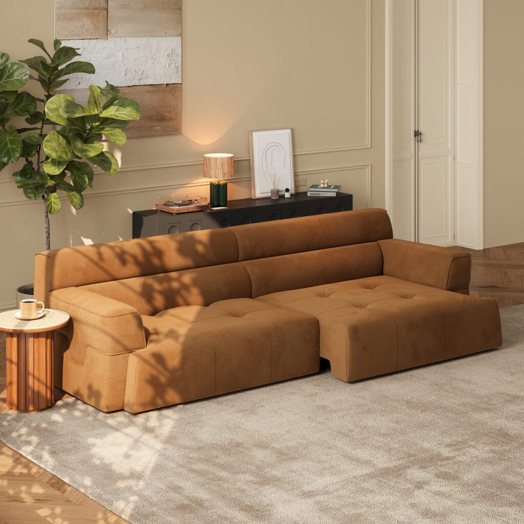 Stylish architectural sleeper sofa featuring performance velvet upholstery and power-assisted functionality.