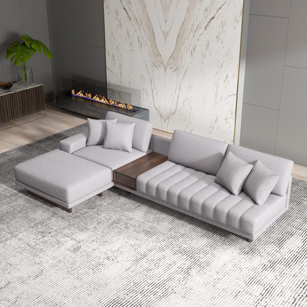 Versatile L-shaped sectional sofa with ottoman featuring a modular design and hidden storage.