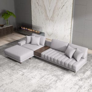 Versatile L-shaped sectional sofa with ottoman featuring a modular design and hidden storage.